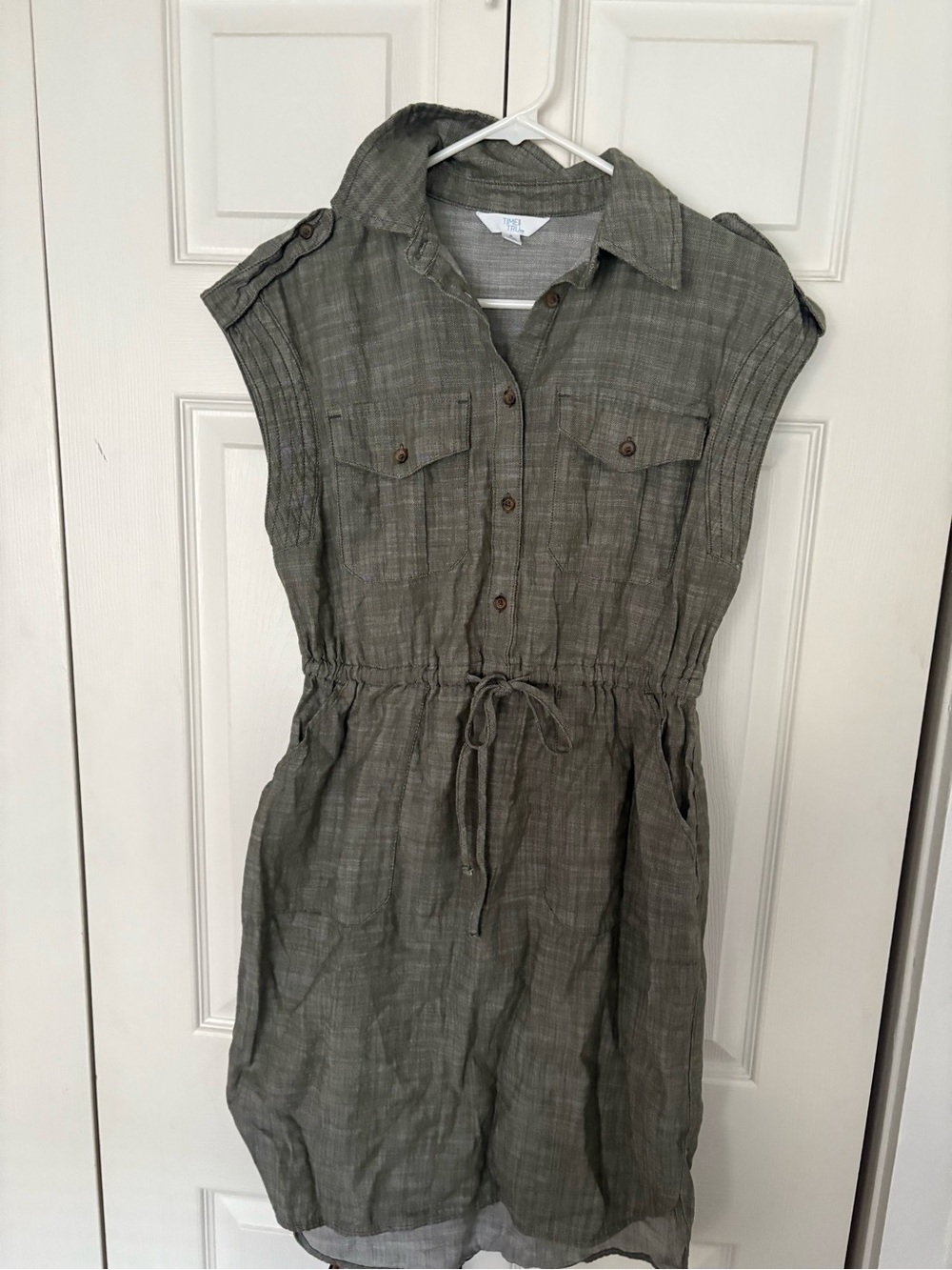 Time and Tru Olive Green Sleeveless Drawstring Shirt Dress
